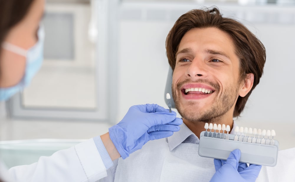 Close-up of an endosteal dental implant placed in jawbone